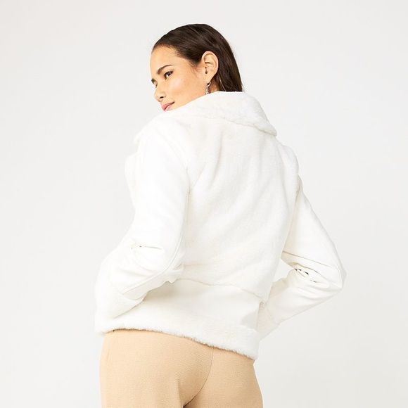 Nine West Cream Faux Fur Moto Jacket Coat Size Large L - Picture 2 of 16